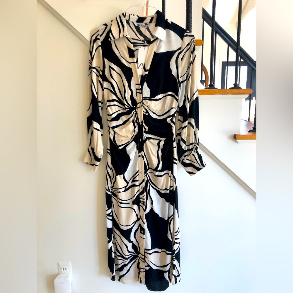 ZARA  black/tan midi print dress, NWT, Size XS